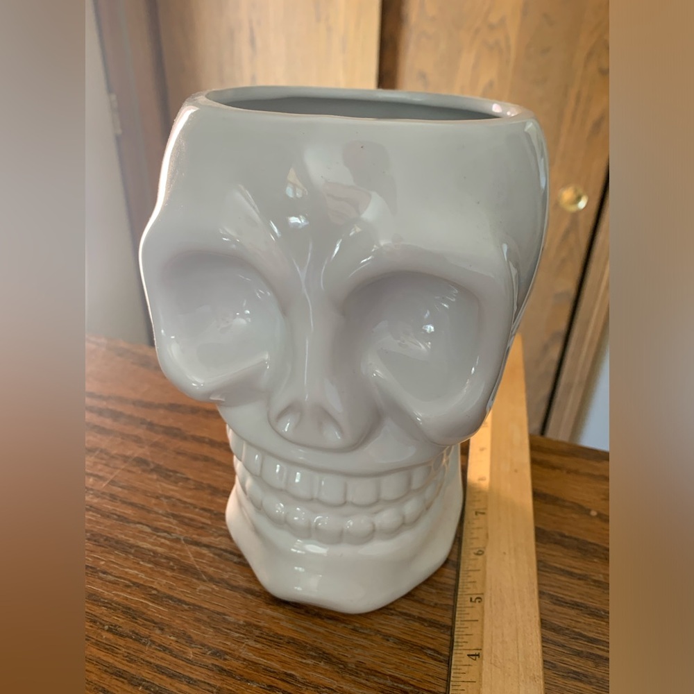 Skull ceramic white vase Variegated monstera leaves bundles halloween - Picture 6 of 9